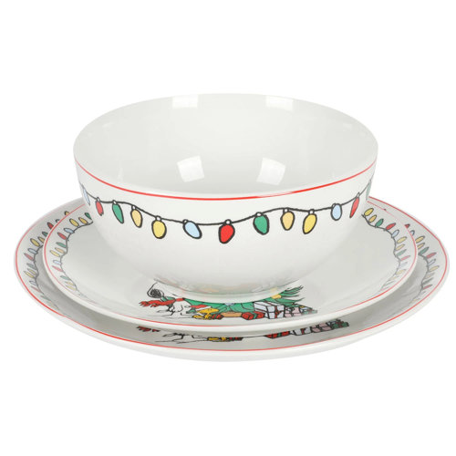Peanuts Holiday Christmas 18 Piece Fine Ceramic Dinnerware Set in White